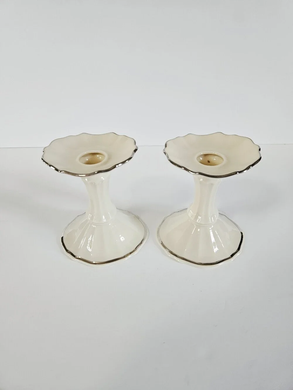 Lenox China Vintage Symphony Pattern Porcelain Candlesticks Ivory Platinum Trim